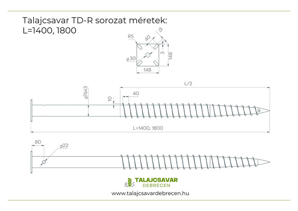 Talajcsavar TDR 1400 méretezési rajza, 1400 mm, nagy teherbírású és betonmentes alapozási megoldáshoz