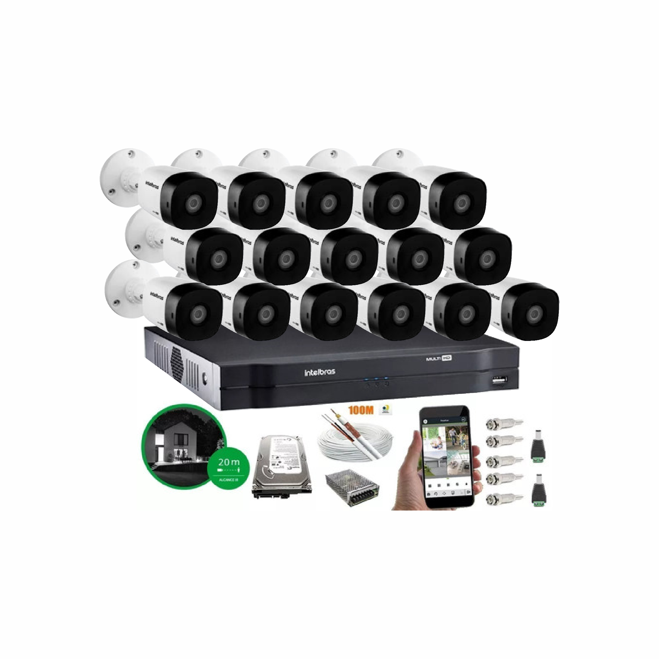 Kit 16 Câmeras Bullet HD 1120B Infra + DVR Intelbras MHDX 1116 16 Canais