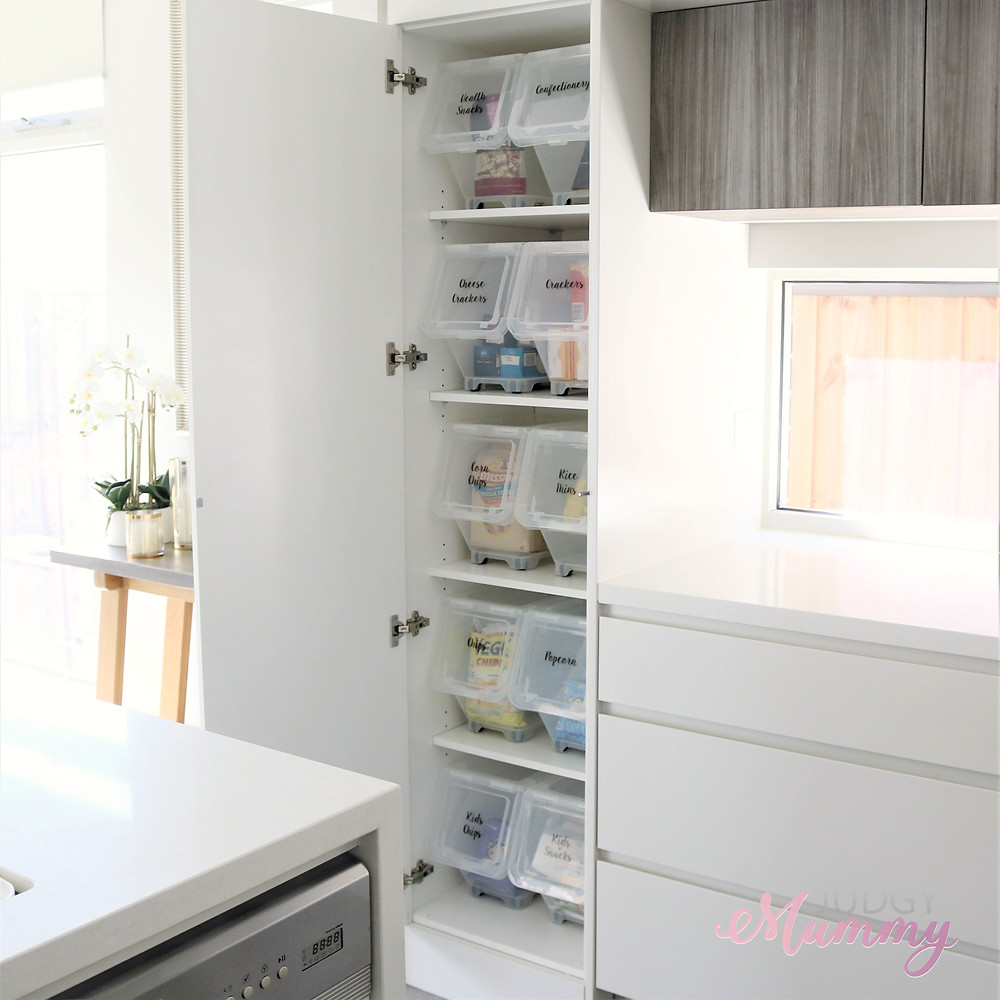 Pantry organisation - roll out tubs from Aldi