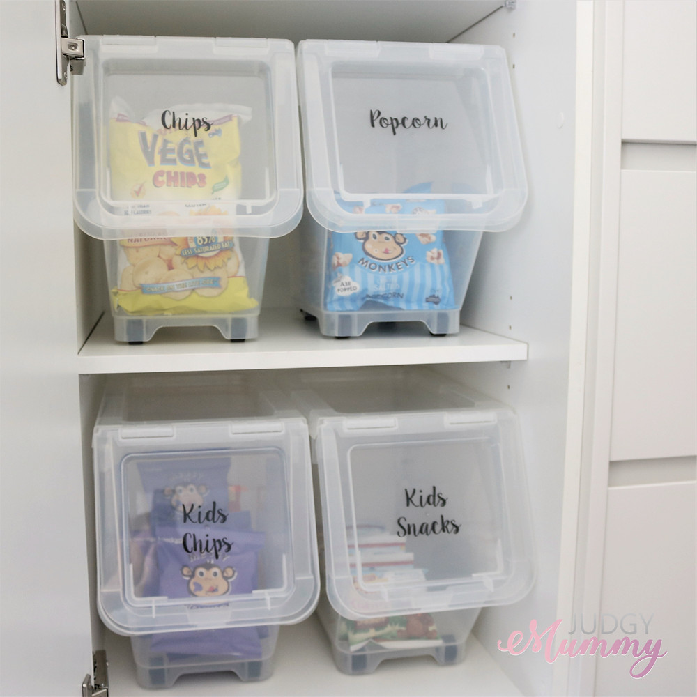 Pantry organisation - roll out tubs from Aldi and labels from Little Label Co