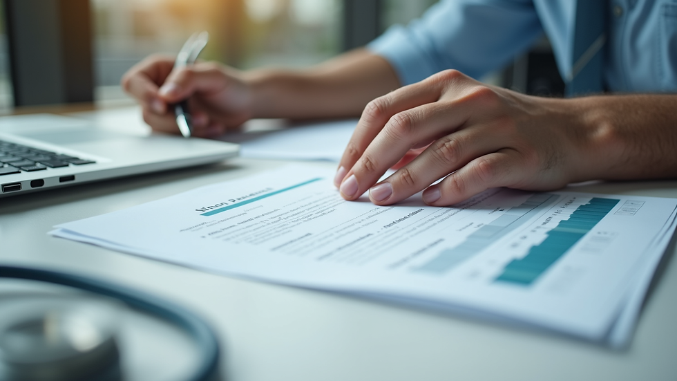 Close-up view of a person reviewing Medicare plan documents at a desk