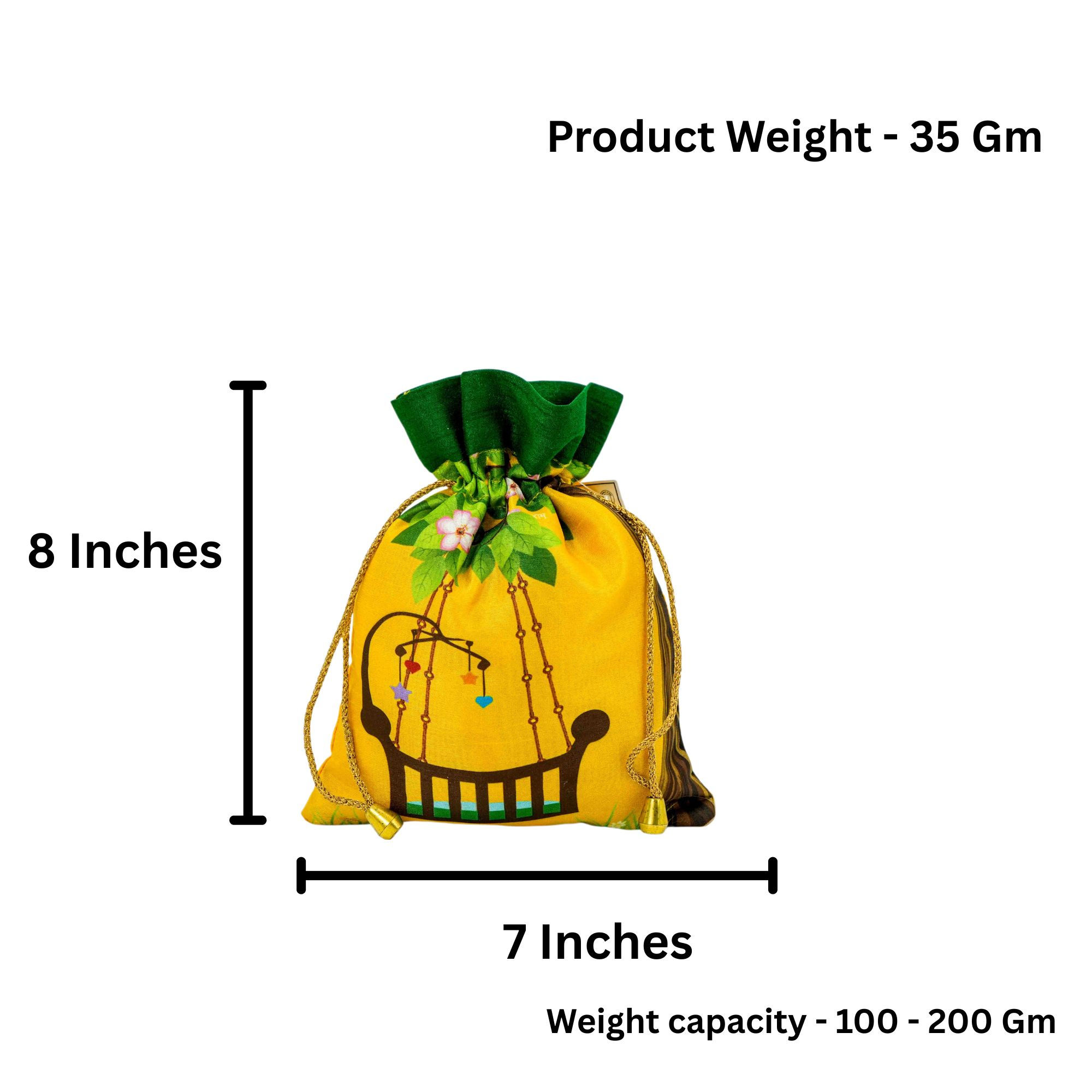 Vibrant Yellow Baby Shower Potli Bag Silk Ethnic Pouch with Cute Cradle Print