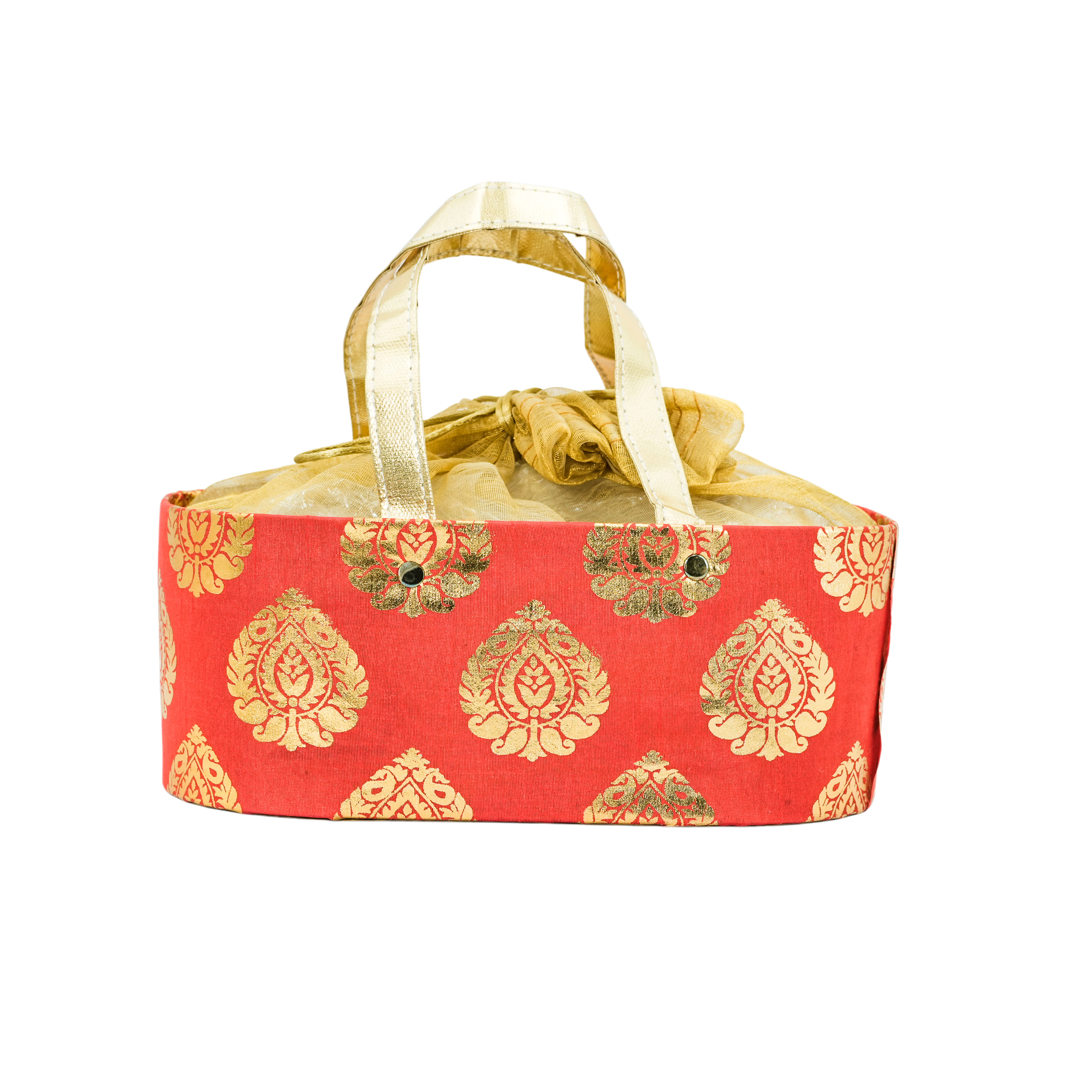 Brocade Gift Basket with Metallic Foil Motifs and Carry Handles