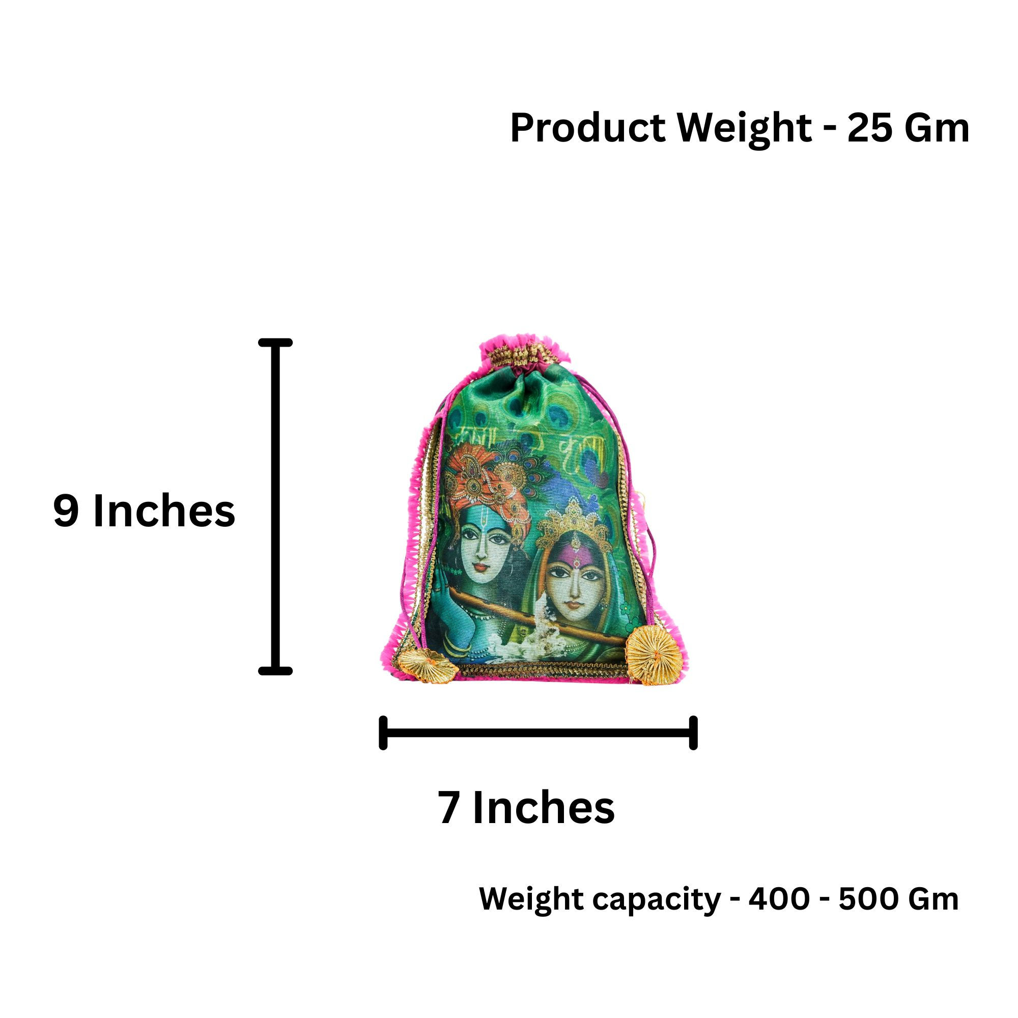 Radha Krishna Printed Green Potli Bag with Golden Lace and Red Fringe Weddings