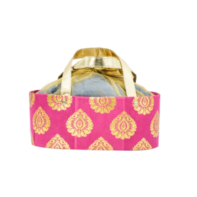 Brocade Gift Basket with Metallic Foil Motifs and Carry Handles