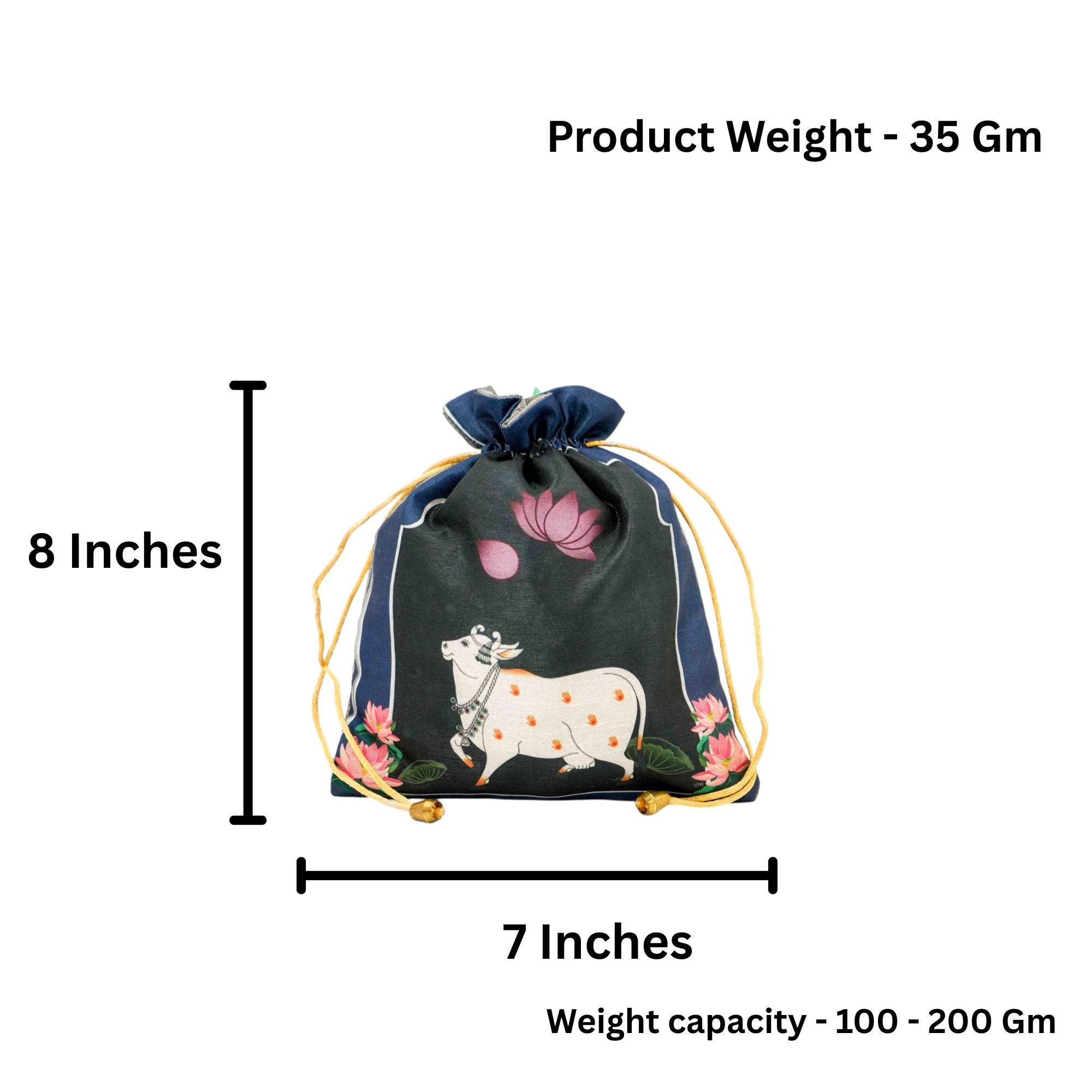 Royal Blue Pichwai Art Cow Potli Bag with Sacred Cow and Lotus Print for Wedding