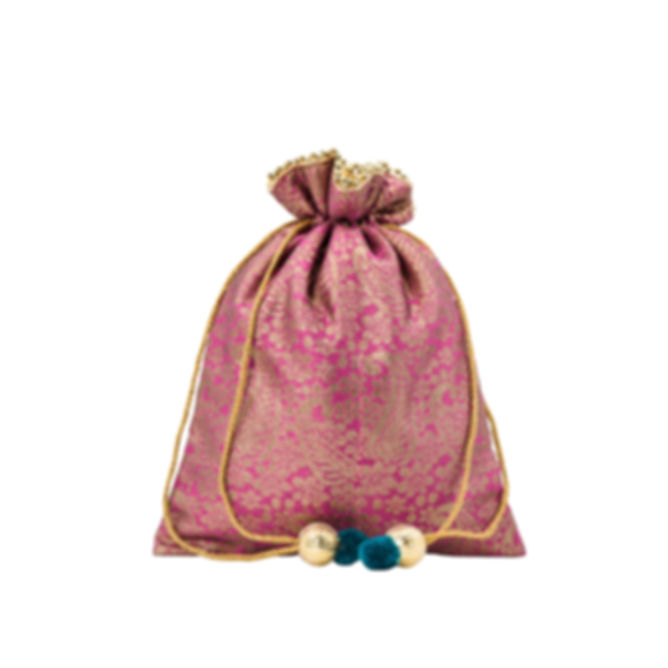 Banarasi Silk Potli Bag with Braided Drawstrings and Decorative Latkan Tassels