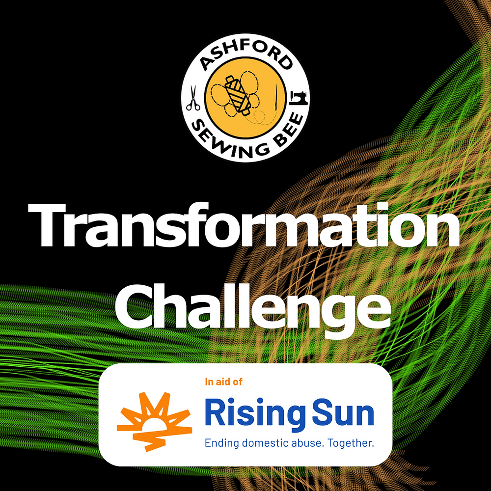 Ashford Sewing Bee Logo with Pattern Challenge text on a black background and orange and green lines, in aid of Rising Sun Charity logo in blue and orange