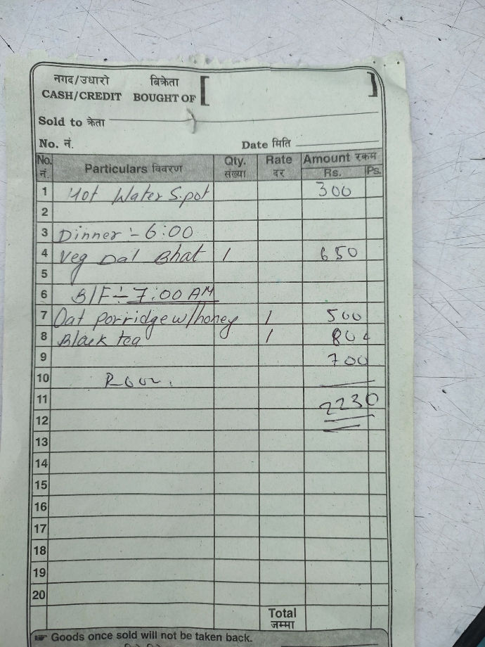 My bill at the Namaste Guest House in Pairo. Pairo is a village on the Langtang trek
