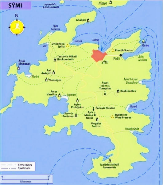 Map of Symi showing the water taxi routes
