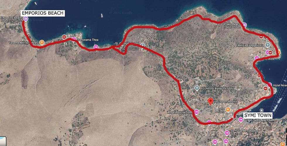 Red line indicates the circular walking route between Symi Town & Nimborio
