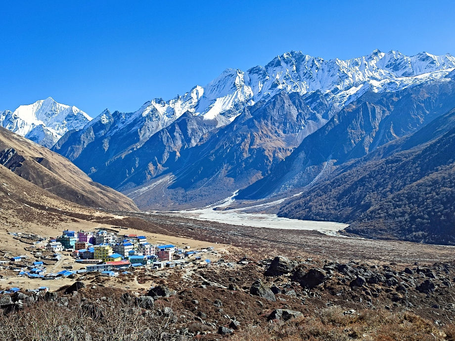 View of Kyanjin Gompa at the end of the trek to Langtang Lirung Base Camp. Kyanjin Gomba is the last village on the Langtang trek.