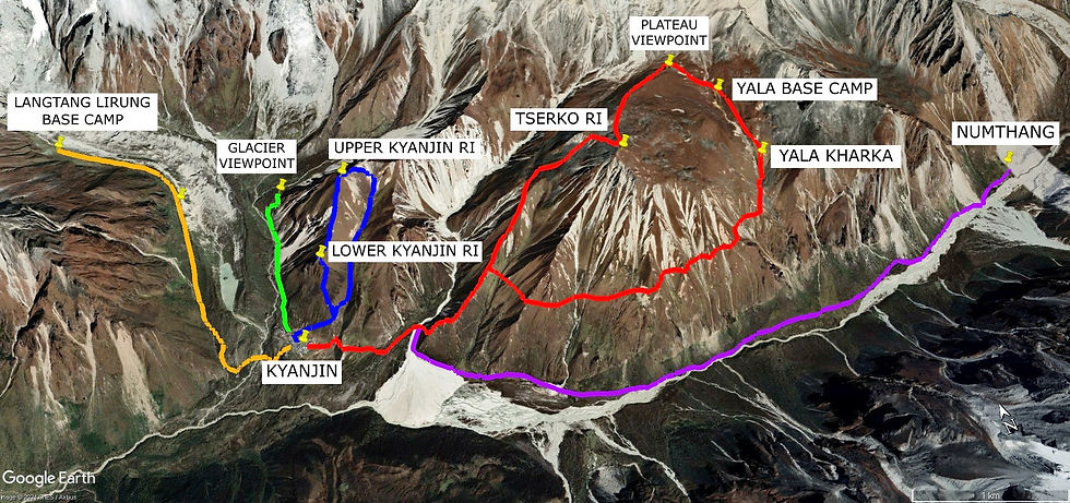 A map showing the day hikes on the Langtang trek. They all start at Kyanjin Gompa.