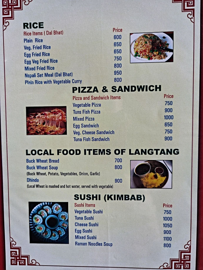 The menu at the Golden Holiday's Guest House & Restaurant in Mundu, Munda is a village on the Langtang trek.