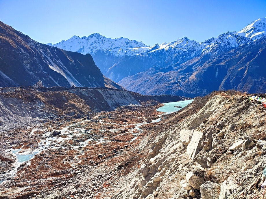 View of the Langtang Lirung Glacier from above the Shrine. This hike is from Kyanjim Gomba which is the last village on the Langtang trek.