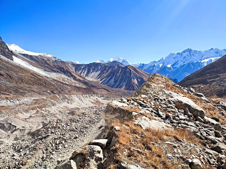 View from the Langtang Lirung Base Camp. It is reached by hiking from Kyanjim Gomba which is the last village on the Langtang trek.