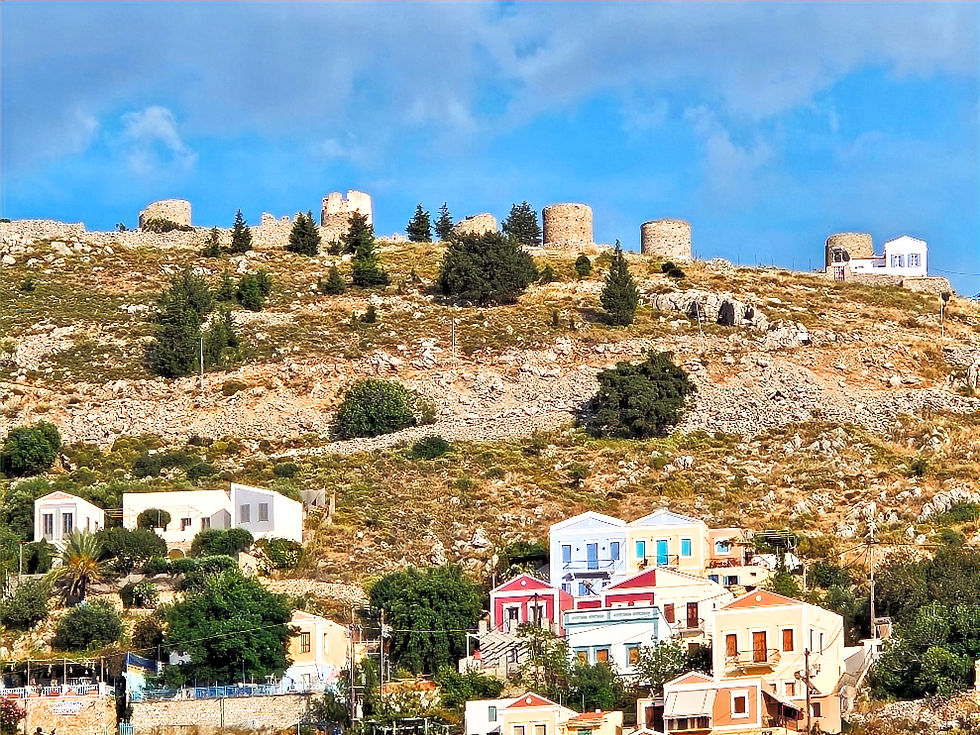 View of Chorio's windmills from Symi Town