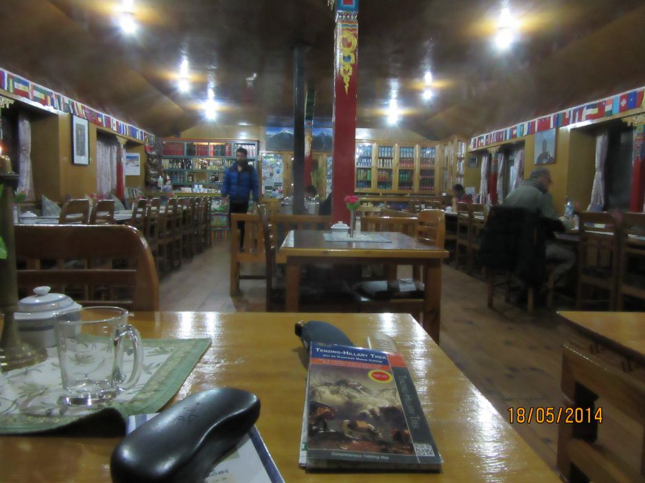 The dining room at the Himalayan Hotel has artificial flowers on the tables and provide hot towels before meals! It is a very nice change to the not very nice tea houses as Gorak Shep.