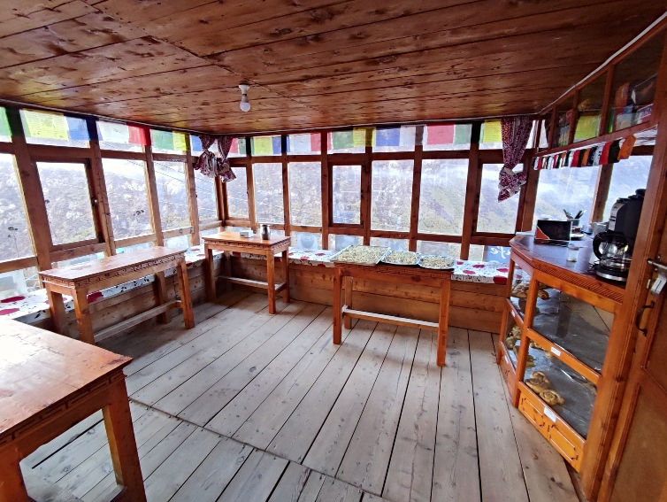 The dining room of the Langtang View Guest House in Gumba. Gumba is a village on the Langtang trek.