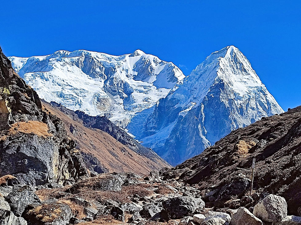 View of Kabru when hiking between Tserang and Ramche on the Kanchenjunga Base Camp trek