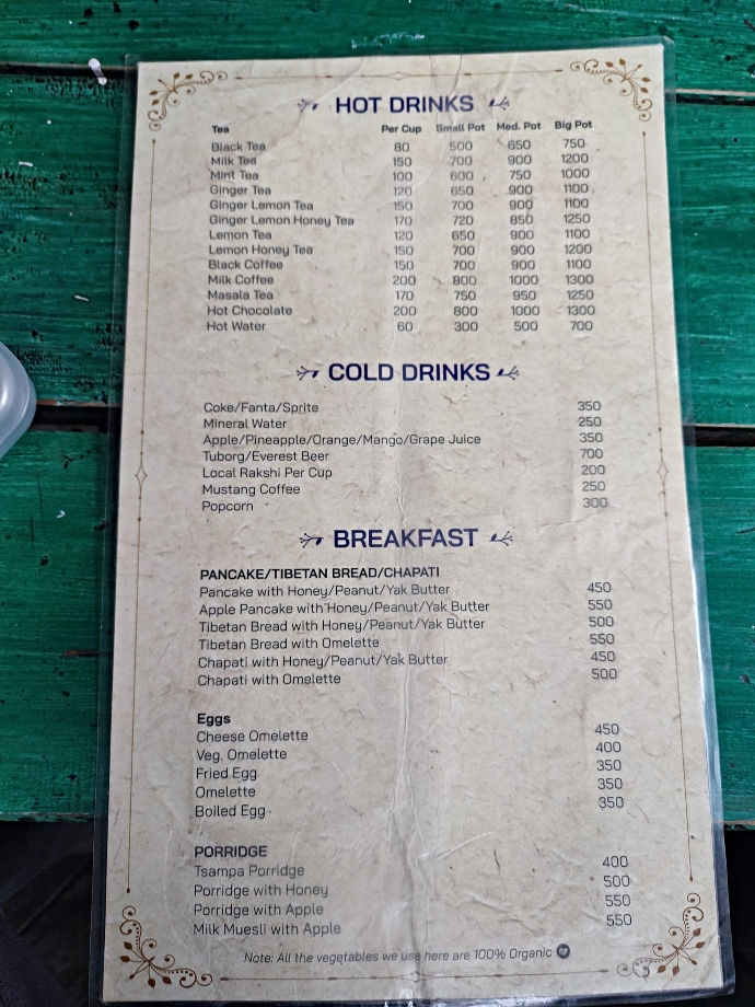 The menu at the Namaste Guest House in Pairo. Pairo is a village on the Langtang trek