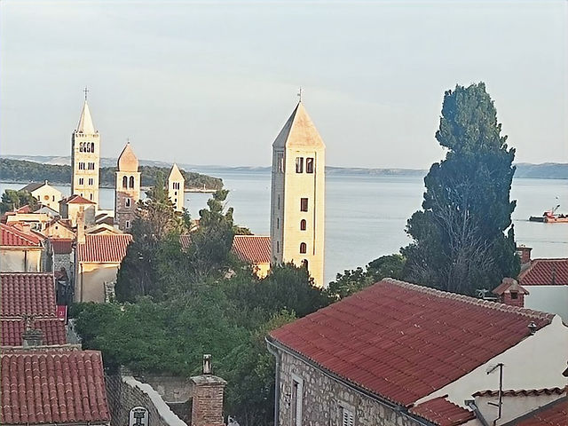 View of Rab Town's 4 bell towers from the Zidine Fortress.