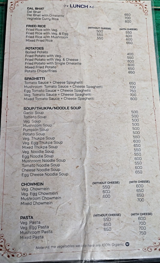 The Menu at the Namaste Guest House in Pairo. Pairo is a village on the Langtang trek