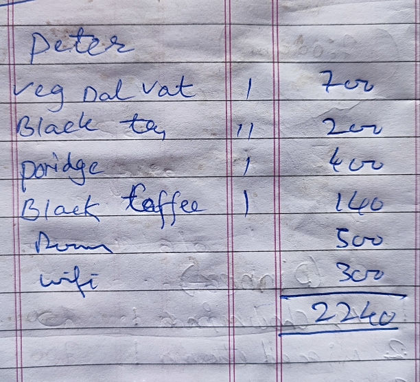 My Bill at the Namaste Guest House in Sherpagaon which is on the Langtang trek