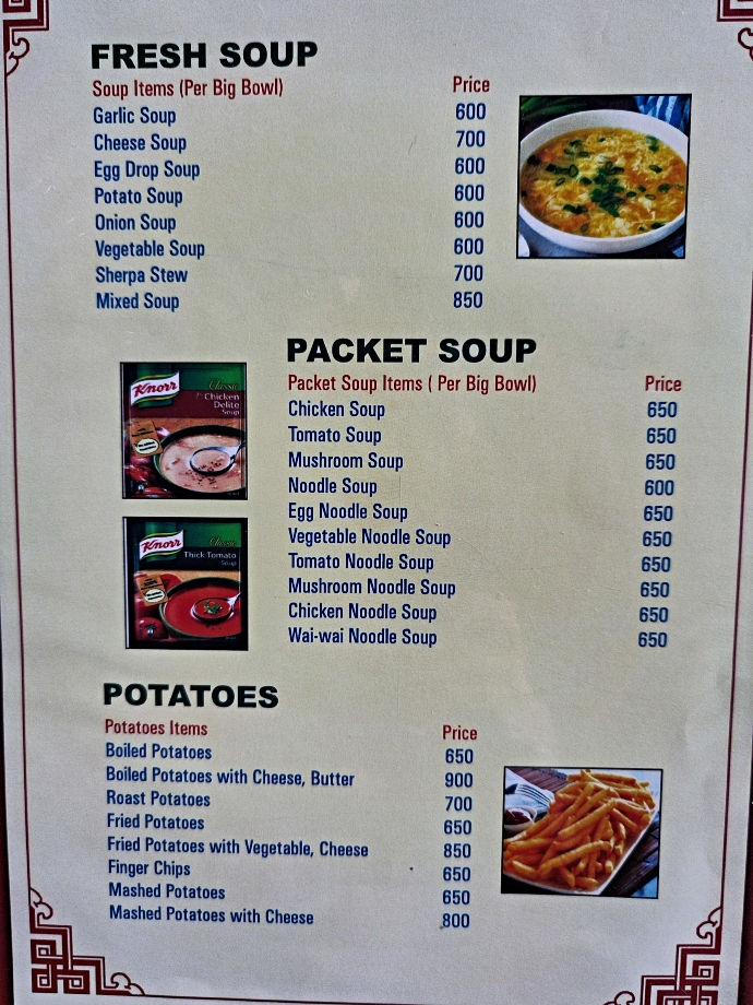 The menu at the Golden Holiday's Guest House & Restaurant in Mundu, Munda is a village on the Langtang trek.