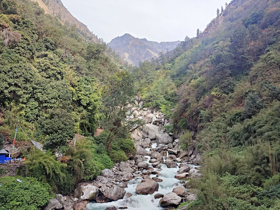 View of Bamboo Lodge on the Langtang trek.