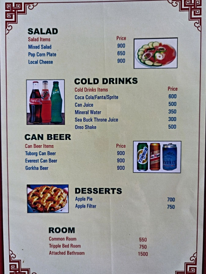 The menu at the Golden Holiday's Guest House & Restaurant in Mundu, Munda is a village on the Langtang trek.