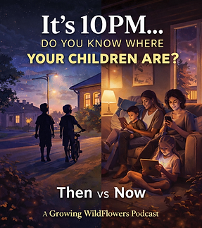 Episode cover for It's 10PM… Do You Know Where Your Children Are? — children outside at dusk beside a family on screens indoors