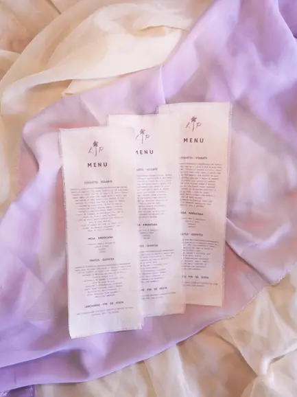 Menu em tecido algodão elegante para casamento e eventos