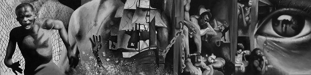 A painting showing several scenes from the Atlantic slave trade