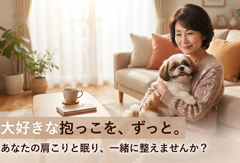 犬を抱っこして肩こりを抱える50代女性