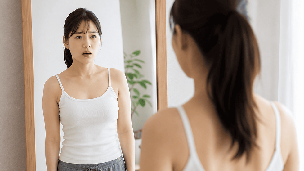 鏡を見て、肩の高さが左右で違うことに気づいた女性