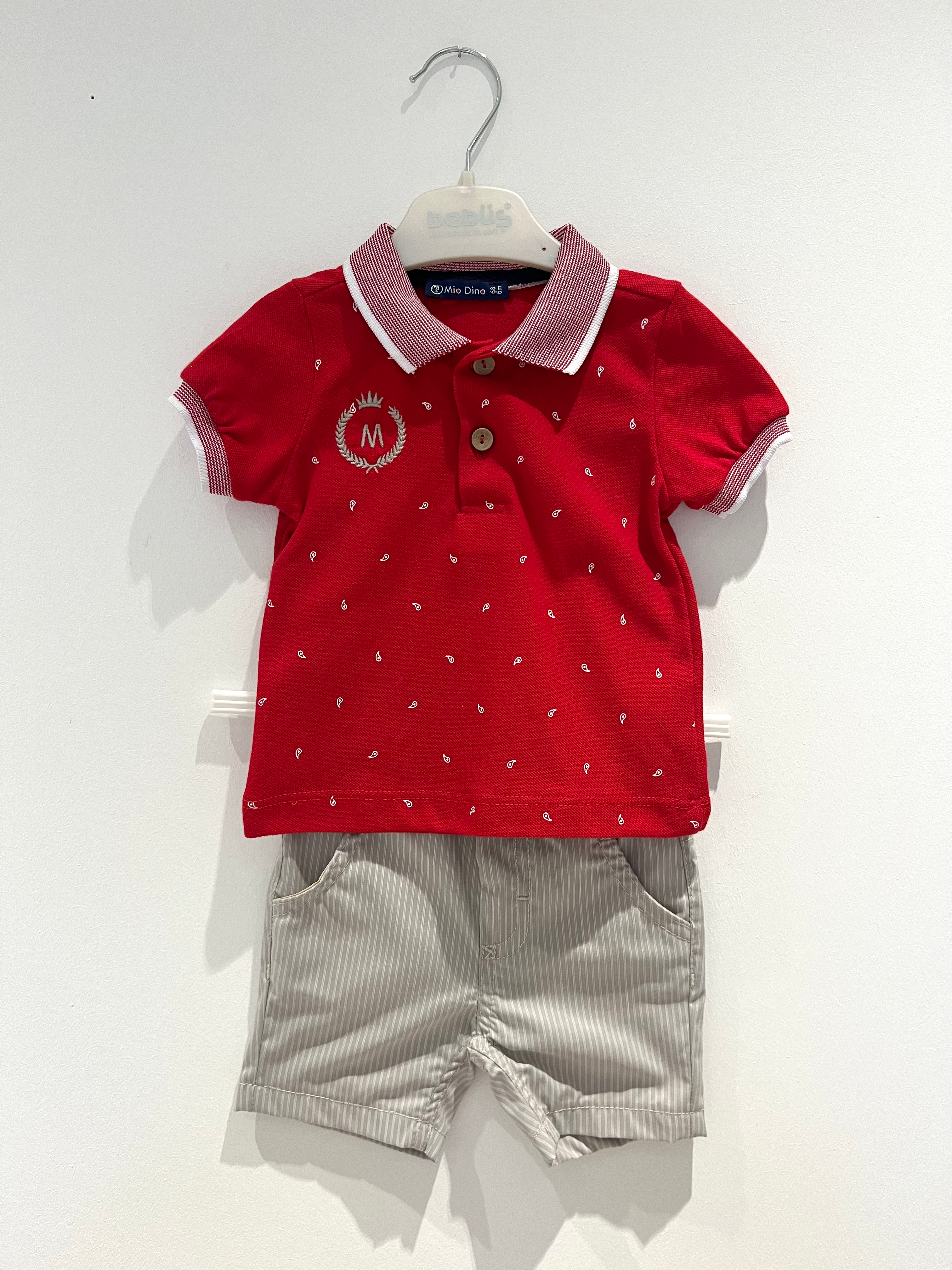 Red polo and grey shorts set