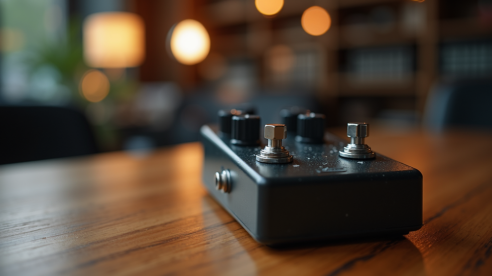 Close-up view of a guitar pedal on a wooden surface