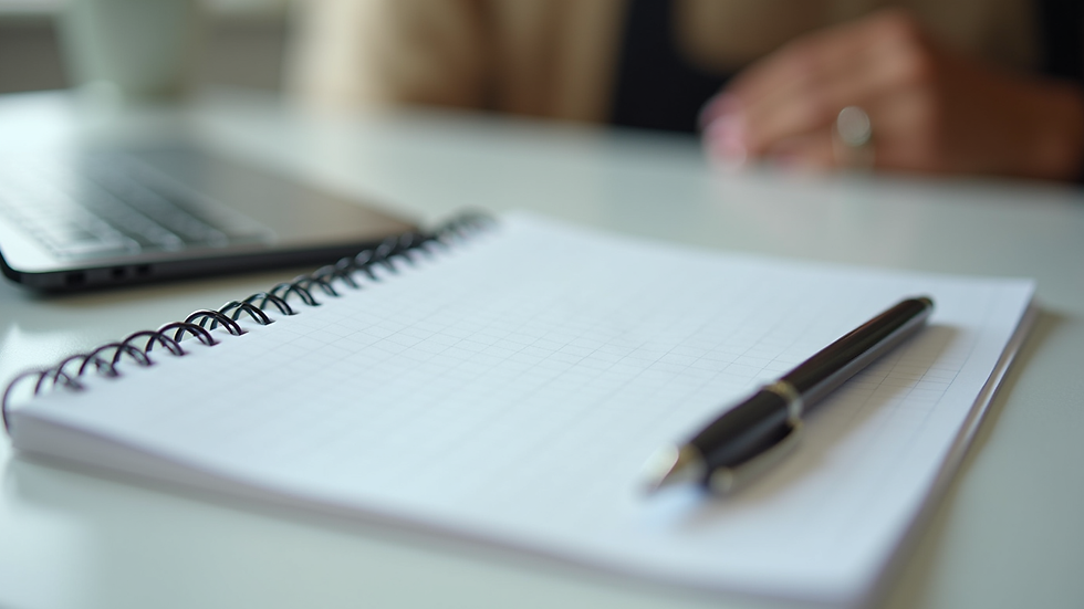 Close-up view of a notebook and pen on a table, ready for counselling notes