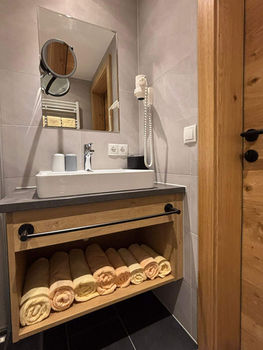 Blick ins Badezimmer des  Wohnungstyps Appartement für 2 bis 4 Personen Fokus Waschbecken