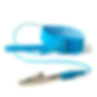 A blue anti-static wrist strap with an adjustable band and a coiled cord, featuring a metal alligator clip at the end, isolated on a white background.