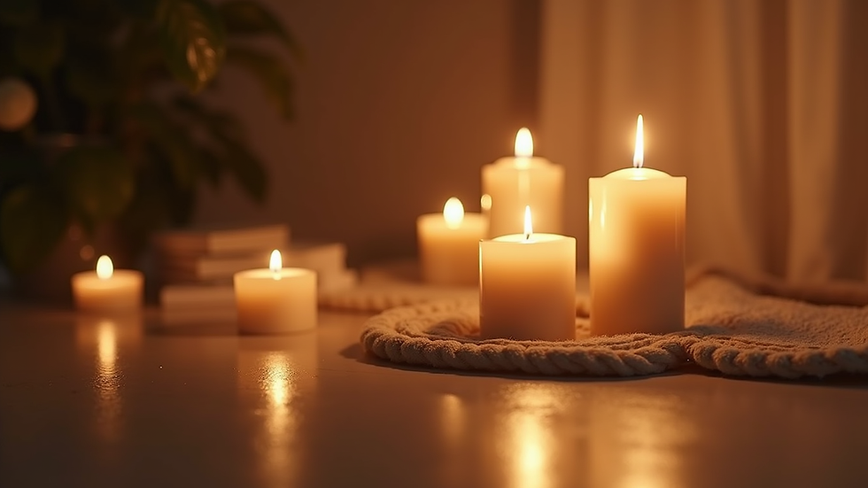 Close-up view of a peaceful meditation space with candles and soft lighting
