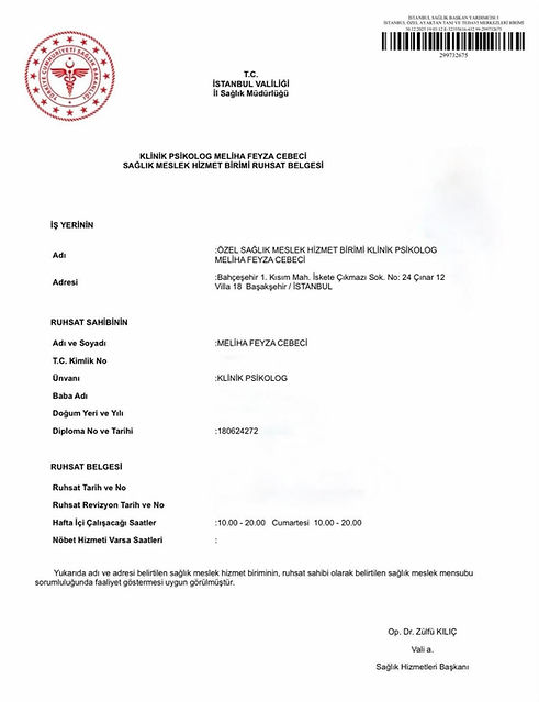 "T.C. Sağlık Bakanlığı İstanbul İl Sağlık Müdürlüğü Onaylı Klinik Psikolog Meliha Feyza Ce
