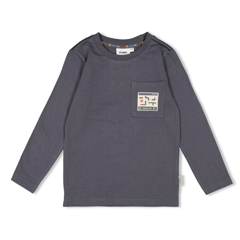 Dunkelgraues Langarmshirt für Kinder mit kleinem aufgenähtem Logo-Patch.