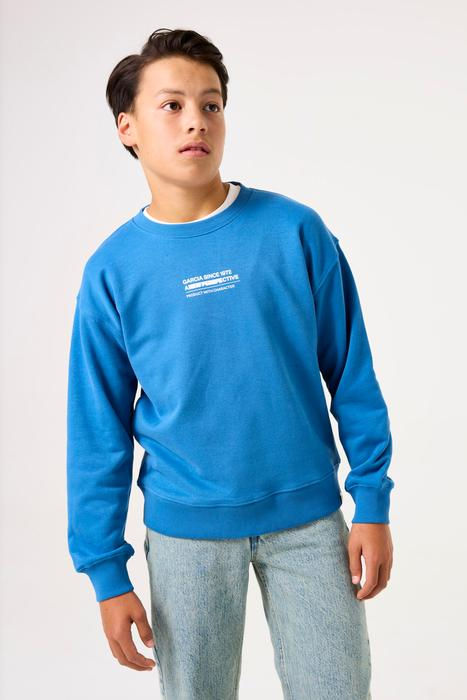 Junger Junge trägt blaues BOSS Sweatshirt und helle Jeans.