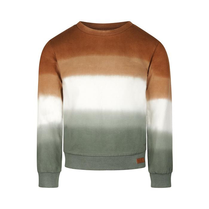 Langärmliger Pullover mit Farbverlauf von Braun über Weiß zu Grün.