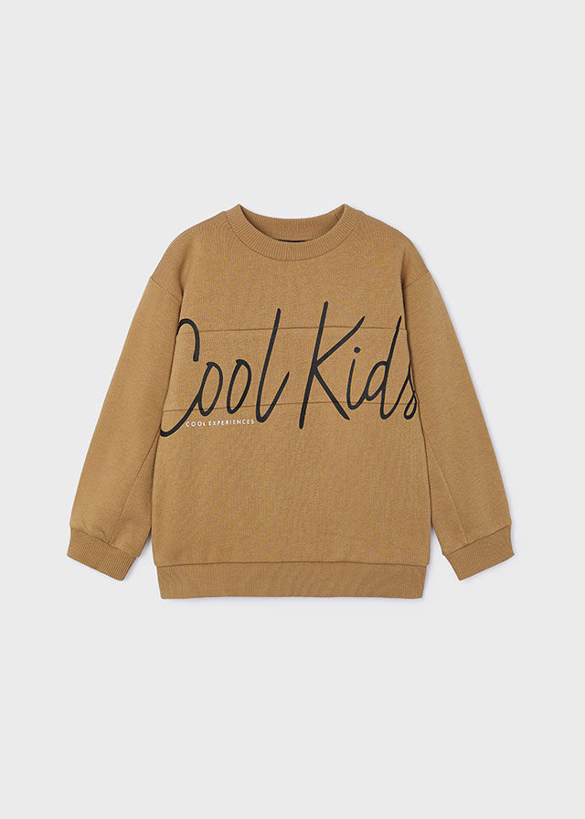 Brauner Kinderpullover mit dem Schriftzug 'Cool Kids' für Jungen.