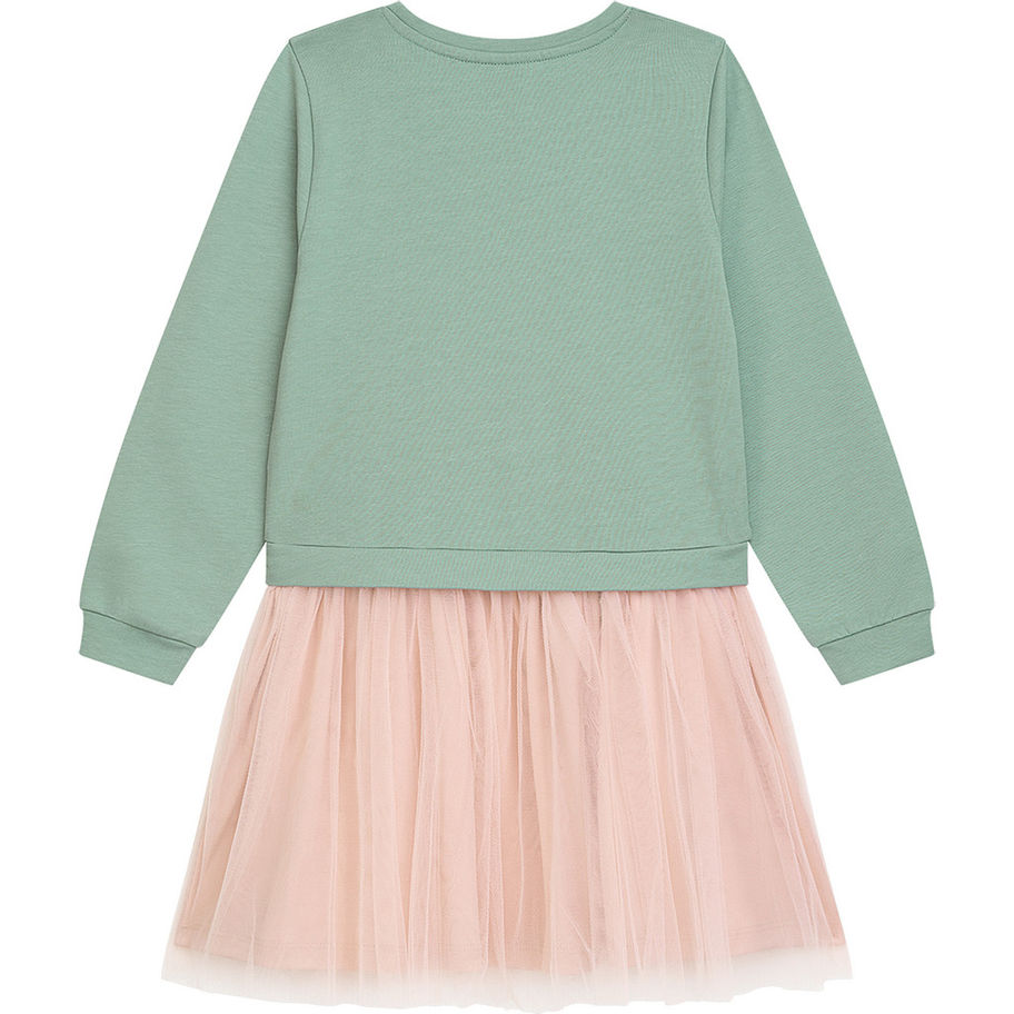 Mädchenkleid mit mintgrünem Sweatshirt-Oberteil und rosa Tüllrock kombiniert.