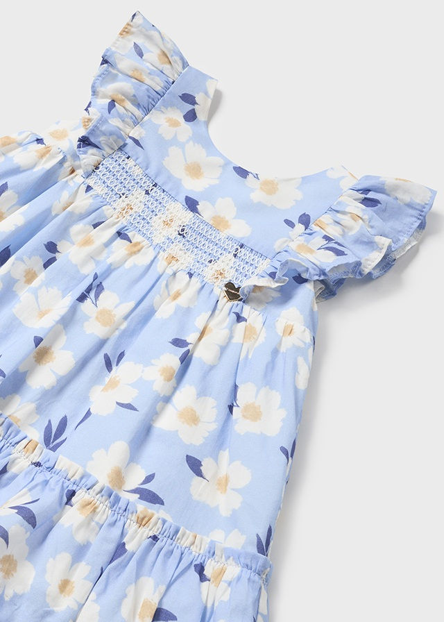 Kleid Kurzarm Blau Beige Blumen Mayoral, blaues Sommerkleid mit Rüschen