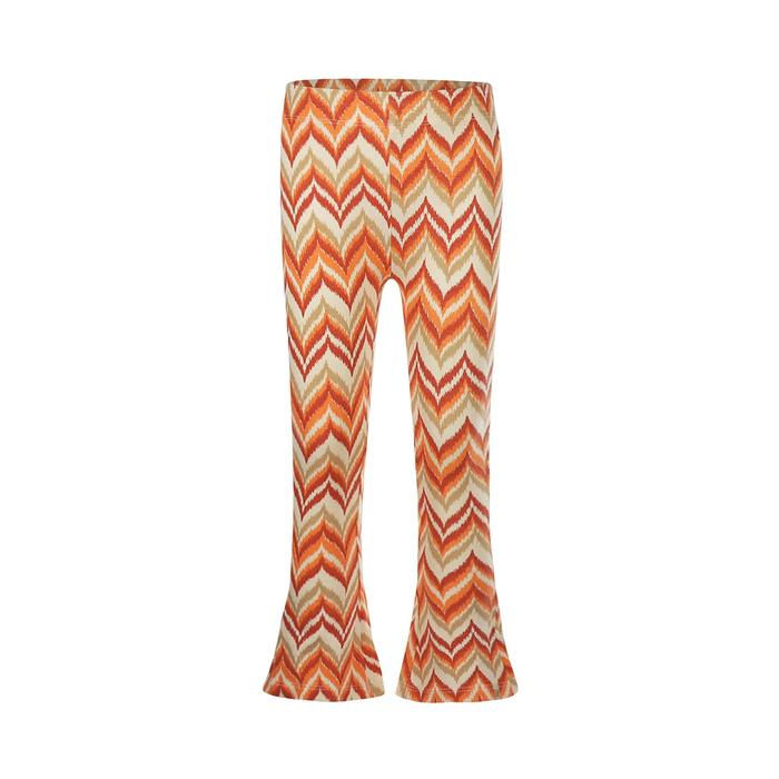 Ausgestellte Hose mit orange, braun und weißem Zickzackmuster.